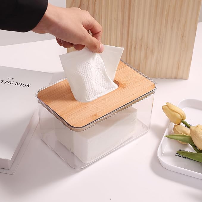 Acrylic Tissue Box Cover, Bamboo Dryer Sheet Holder, Wooden Rectangular Dryer Sheet Dispenser for Storage on Bathroom Vanity, Countertop, Bedroom Dresser