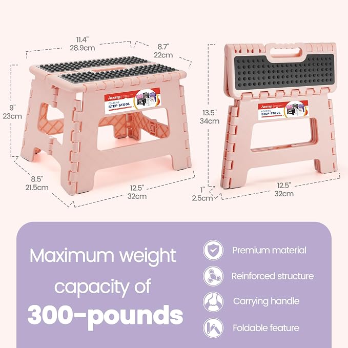 9 Inch Folding Step Stool 300 LB Capacity Non Slip Foot Stool with Handle Plastic Foldable Step Stools for Kids Stepping Stool for Bathroom Black Small Step Stool (1 PC Pink) | Heavy Duty Foldable Stools, Lightweight, Holds 300 lb, for Toddler Kitchen ...