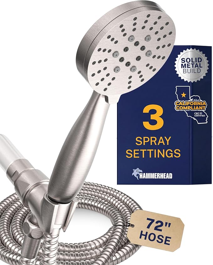HammerHead Showers Solid Metal 3-Spray Handheld Shower Head with Long Hose and Holder, High Pressure, Wide/Massage/Mist Sprays, Brushed Nickel, 1.75 GPM