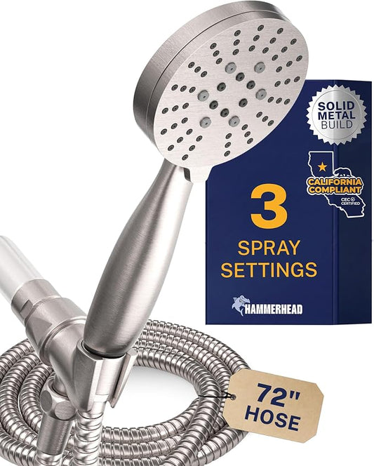 HammerHead Showers Solid Metal 3-Spray Handheld Shower Head with Long Hose and Holder, High Pressure, Wide/Massage/Mist Sprays, Brushed Nickel, 1.75 GPM
