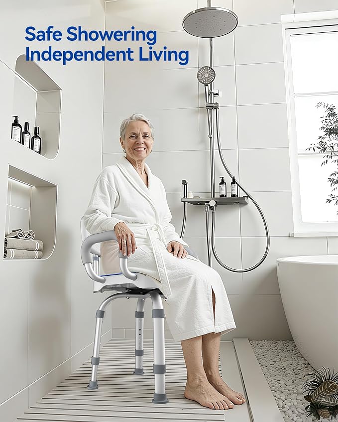 KingPavonini 360° Swivel Shower Chair for Inside Shower, 550 LB Heavy Duty | Stable Flat Tube Frame, Shower Chair for Elderly and Disabled, 360° Swivel with 90° Lock, M-Shaped Anti-Slip Seat, Tool-Free