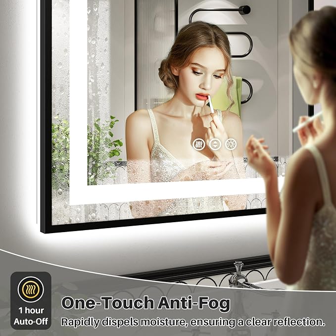 55x36 Inch LED Bathroom Mirror with Black Frame, Backlit & Front Lit | Anti-fog, 3 Color Dimmable, Memory Function, HD Reflection Tempered Glass, ETL Listed, IP54 Waterproof