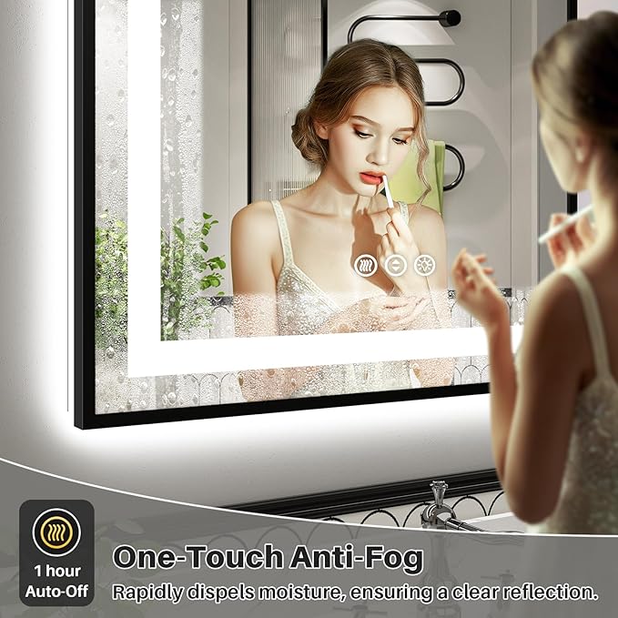 72x40 Inch LED Bathroom Mirror with Black Frame, Backlit & Front Lit | Anti-fog, 3 Color Dimmable, Memory Function, HD Reflection Tempered Glass, ETL Listed, IP54 Waterproof