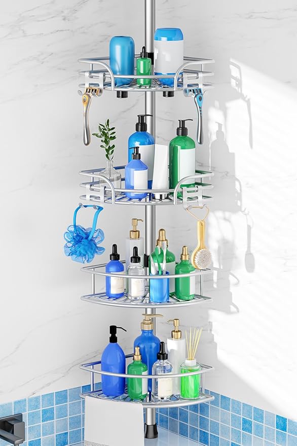HAMITOR Corner Shower Caddy Tension Pole, Space-saving Bathtub Shelves | Adjustable No-Drill 47-123 In Rod, Large Capacity Bathroom Rack, Toiletries Storage, Home Restroom Organizer, Silver Gray
