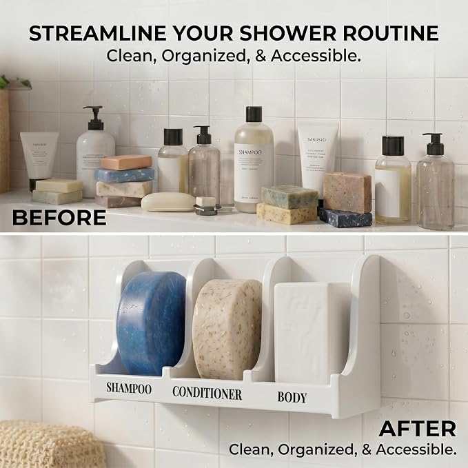 Soap Holder for Shower Wall, 3-Compartment Soap Dish for Shampoo, Conditioner and Body Soap, Fast Draining & Rust-Proof & Heavy Duty, Ultra-Strong Adhesive for Long-Term Bathroom Use & Freestanding