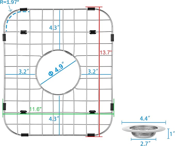 4Pack Sink Protector Grid 13.7"x11.6"X1", Stainless Steel Sink Protectors for Kitchen Sink with Center Drain Hole, Rust-Resistant Metal Sink Protector with 2Pack Sink Strainers (Center Drain/Set 2)