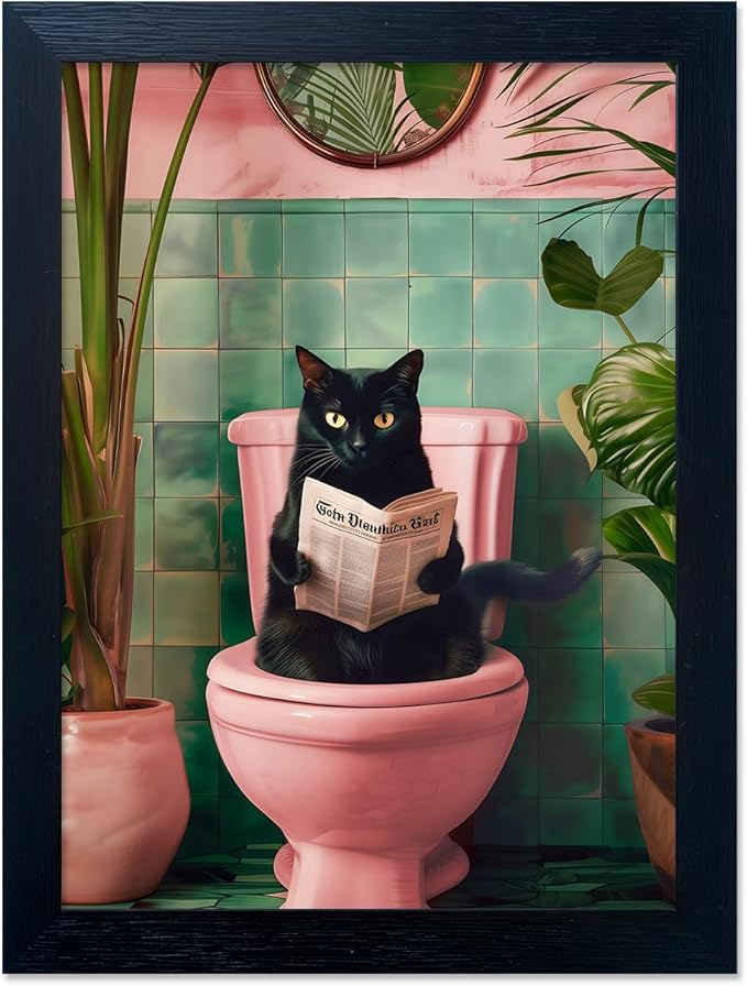 Black Cat Bathroom Wall Art Pink Toilet Decor Funny Canvas Print Artwork for Woman Girls Bathroom