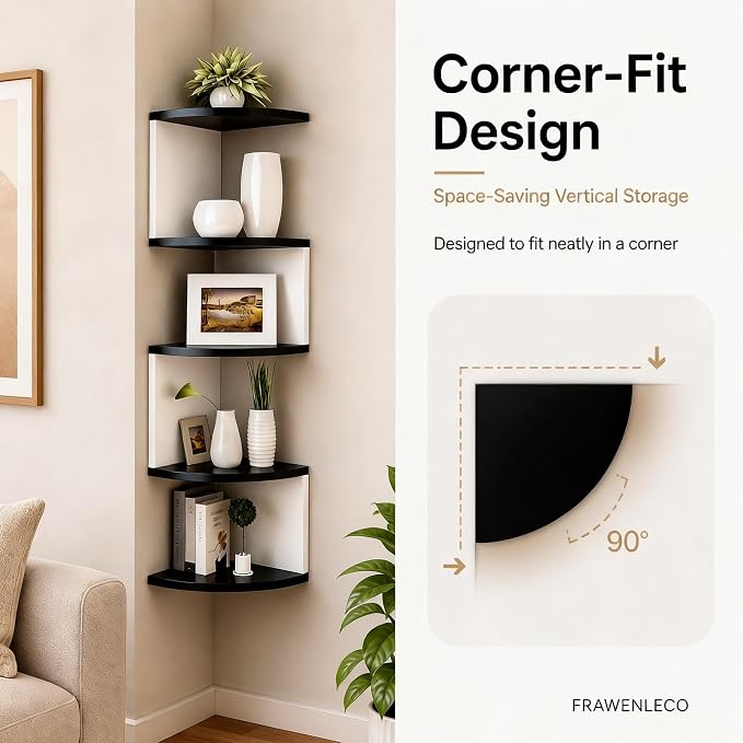 No-Drill Corner Shelf Wall Mount, 5-Tier Floating Corner Bookshelf with Hooks, Space-Saving Zigzag Plant Shelf for Bedroom, Living Room, Bathroom, Home Office(Black & White)
