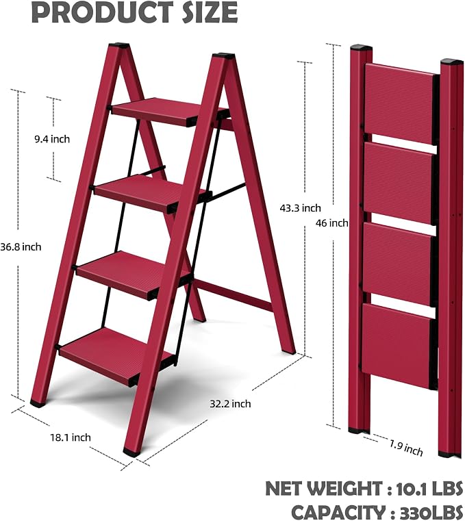 Taranta 4 Step Stool Foldable,Aluminum Step Ladder-Red | Lightweight,Wide Anti-Slip Pedals,Folding Step Stool,330lbs Capacity Stepladder for Household,Kitchen,Office