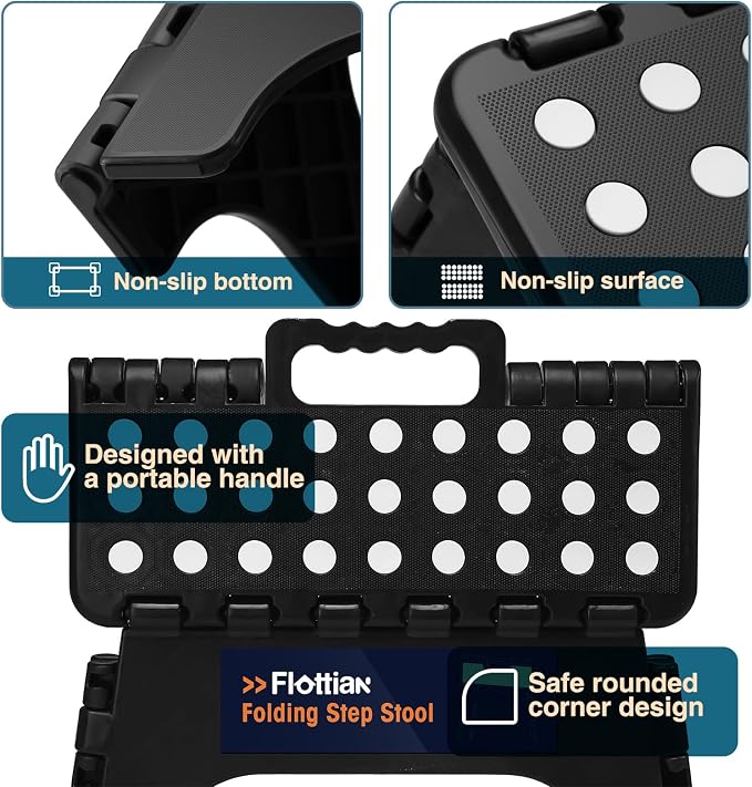 Flottian 9 Inch Folding Step Stool, 300 Lbs Capacity Non-Slip Plastic Step Stool with Portable Handle for Adults and Kids, Compact Foldable Stool for Kitchen Bathroom Bedroom, Black,1PC