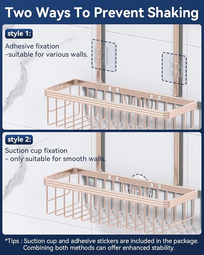Never Rust Shower Caddy Hanging, Aluminum Shower Racks for Inside Shower, 2-Tier Shower Organizer Hanging Over Shower Head with Hooks and Soap Holder, Rose Gold
