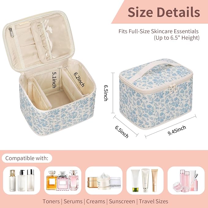 Travel Makeup Bag, Cosmetic Bags for Women Makeup Case Organizer Large Capacity Travel Toiletry Bag Storage Bags with Divider and Handle for Cosmetics Toiletries Brushes Tools-Blue Floral