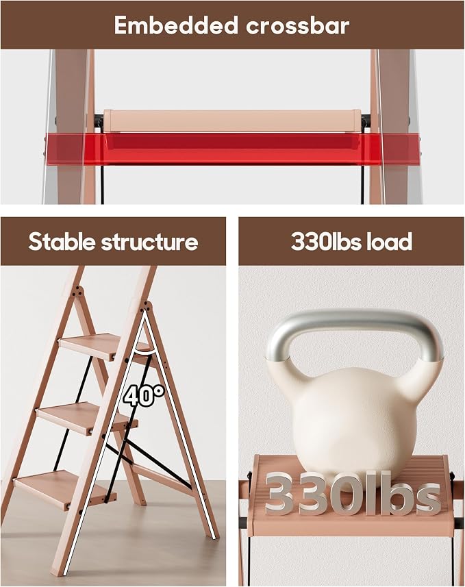 HillhutApex Aluminum 3 Step Ladder, Step Stool Foldable Ladder(Pale Pink) | Stepladder with Handgrip,Anti-Slip Pedals,330lbs Capacity,Lightweight Portable Folding Ladder for Home,Office,Libaray