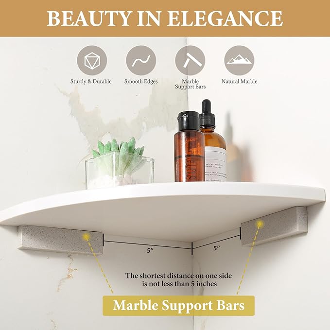 2 Pcs White Marble Corner Shower Shelf for Bathroom, 10'' Polished Marble Corner Shelves for Bath, Wall Mounted Stone Corner Shower Caddy, No Drilling Adhesive Shower Shelf