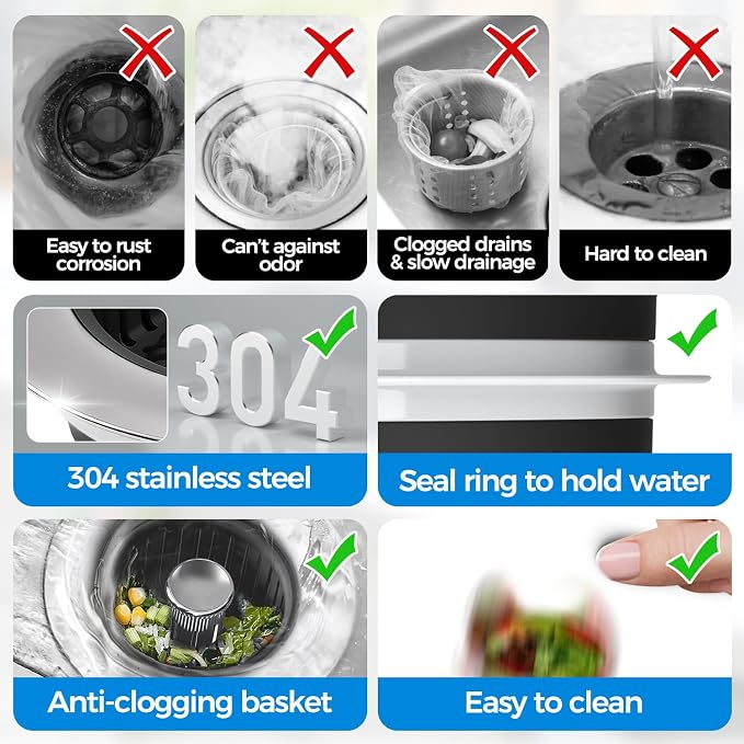3 in 1 Kitchen Sink Drain Strainer Stopper Removable Basket Pop-Up | Kitchen Sink Accessories 2 Pack Black Stainless - Food Catcher, Odor-Blocking Seal, Fits 3.5" Drain, Easy Clean