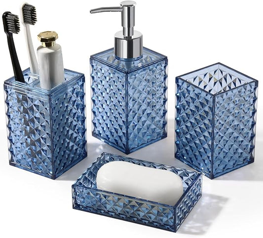 RYTOXILO Bathroom Accessories Set, 4 Pack Blue Acrylic Bath Accessory Sets Complete, Diamond Soap Dispenser and Toothbrush Holder Bathroom Counter Sink Set, Boho Modern Bathroom Decor