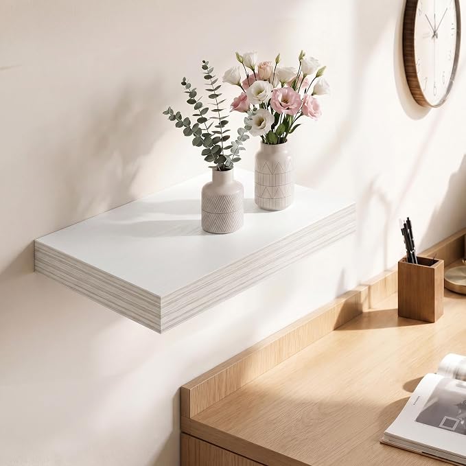 Deep Floating Shelves for Wall, 12 Inch Wide Small Wall Shelves Set of 2, 2 Inch Thick Invisible Wall Mounted Shelves for Bathroom Bedroom Nursery,White
