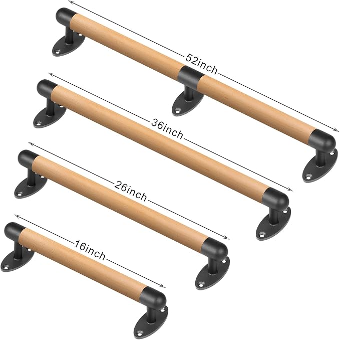 SELEWARE 52 Inch Wood Handrail Indoor Stairs Handrail Wall Mount Handrail | Indoor Outdoor Steps Stair Railing with Sturdy Metal Brackets, Barrier-Free Staircase Grab Bar for Elderly, 1.3 Inch Round