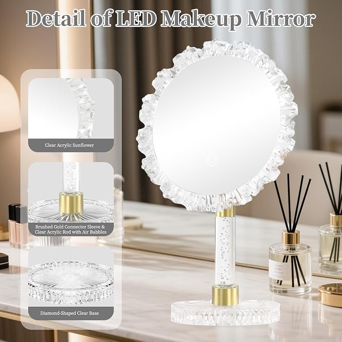 10-Inch Lighted Makeup Mirror, 3 Color Modes, Adjustable | Angle-Adjustable Vanity Mirror with 80 LED Lights; short press to change color temperature, long press for 0-100% dimming
