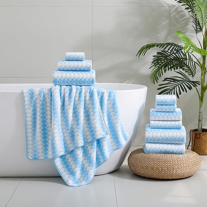 12 Pcs Blue White Diamond Towel Set-4 Bath Towels,4 Hand Towels,4 Washcloths Soft Polyester Towels with Loop Absorbent Shower Towel Quick Dry Beach Chair Towel Family Towels for Bathroom Spa Gym Pool