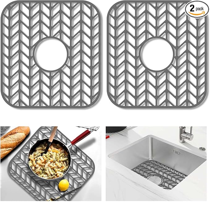 GUUKIN Sink Protectors for Kitchen sink, 12.25"x 11.5" Folding Non-slip Silicone Sink Mat Grid for Bottom of Farmhouse Stainless Steel Porcelain with Central Hole Pack of 2