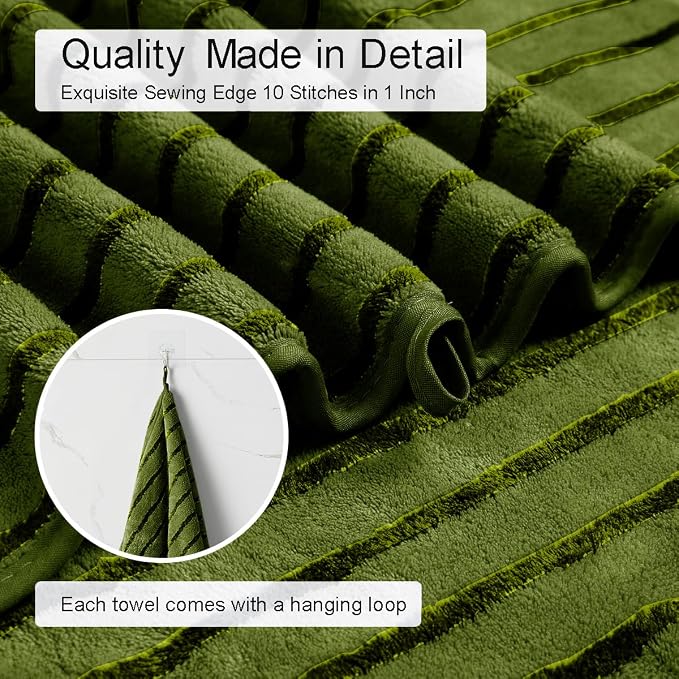8 Pcs Army Green Cabana Stripe Large Bath Towel Set Oversized Bath Sheet-2 Bath Towels,2 Hand Towels,4 Washcloths Soft Jumbo Towels Absorbent Shower Towel Beach Chair Towels Spa Gym Hotel Towel