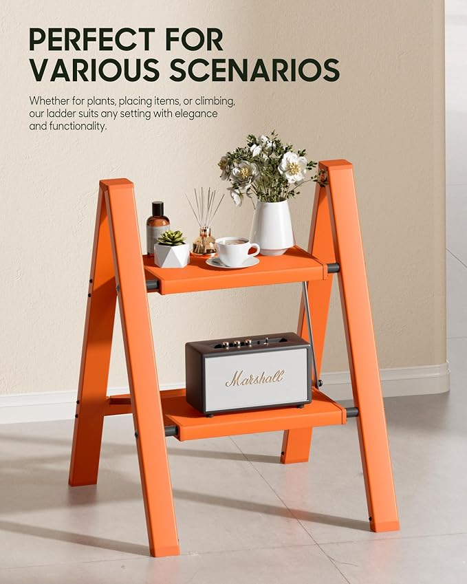 HillhutApex Aluminum Step Stool Foldable,2 Step Ladder (Orange) | Lightweight Portable step ladder with Anti-Slip Wide Pedal,330lbs Capacity Ladder for Household,Office,Kitchen