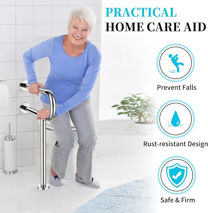 Toilet Support Rail 24x28 Inch, Munzong Anti-Slip Chrome Handicap Grab Bar | Stainless Steel Knurled Safety handrails with Leg for Bathroom Elderly Disabled Pregnant-1.25’Tube