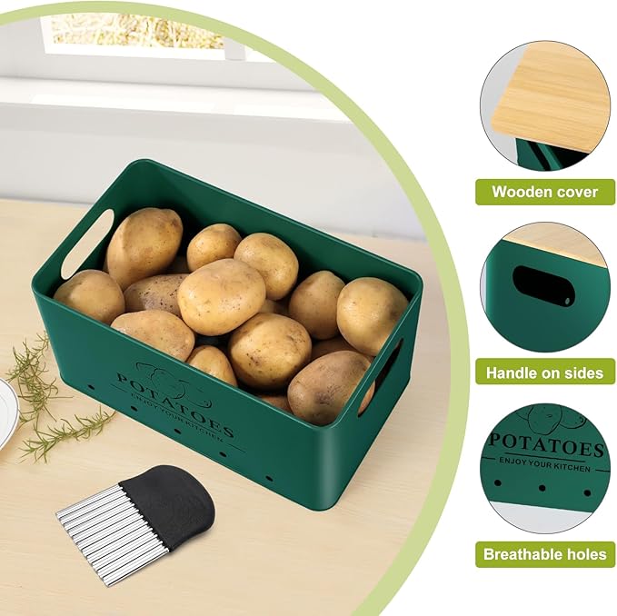 Kitchen Vegetable Storage Set of 3, Metal Onion Garlic Potato Storage Set, Kitchen Canisters Vegetable Keeper Containers with Aerating Holes and Bamboo Lid,Alpine Green