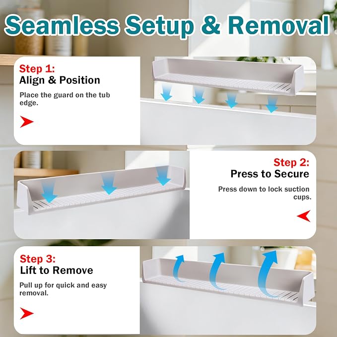 Bathtub Splash Guard for Tub Kids- Silicone Bath Play Shelf | 31" Extra Long Toy Tray & Caddy Holder, Prevent Water Spills & Messy Floors, Tub Edge Guard for Bathroom- Grey