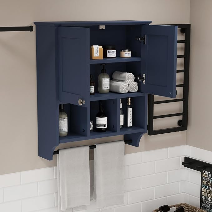 Bathroom Wall Cabinet, Wall Mounted with Towel Bar & 6 Shelves - Over Toilet Storage Organizer, 2-Door Medicine Cabinet, Adjustable Bathroom Shelves(Blue)