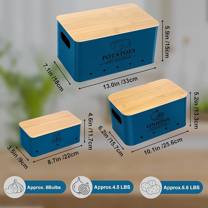 Kitchen Vegetable Storage Set of 3, Metal Onion Garlic Potato Storage Set, Kitchen Canisters Vegetable Keeper Containers with Aerating Holes and Bamboo Lid,Dark Blue