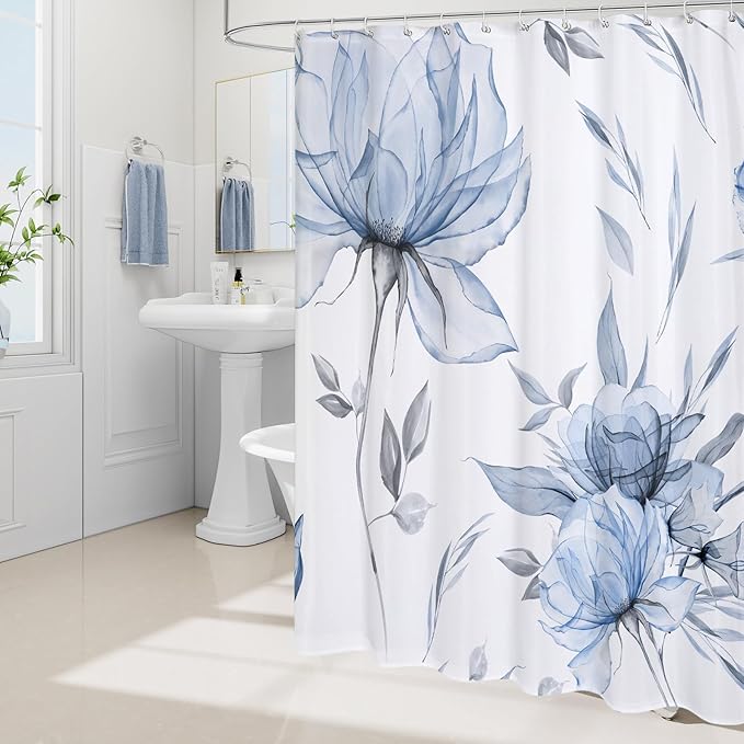 Litabel Long Boho Watercolor Floral Shower Curtain 72 x 78, Blue and Grey Ink Painting Style Flower Shower Curtains for Chic Elegant Bathroom, Artistic 78 Inch Long Fabric Shower Curtain