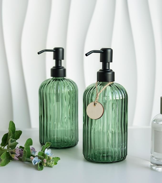 JASAI 18Oz Green Glass Soap Dispenser with Black Rust Proof Pump | Refillable Bathroom soap Dispenser with Thick Glass, Kitchen Soap Dispenser for Dish soap, Hand Soap, Lotion, liquid Soap