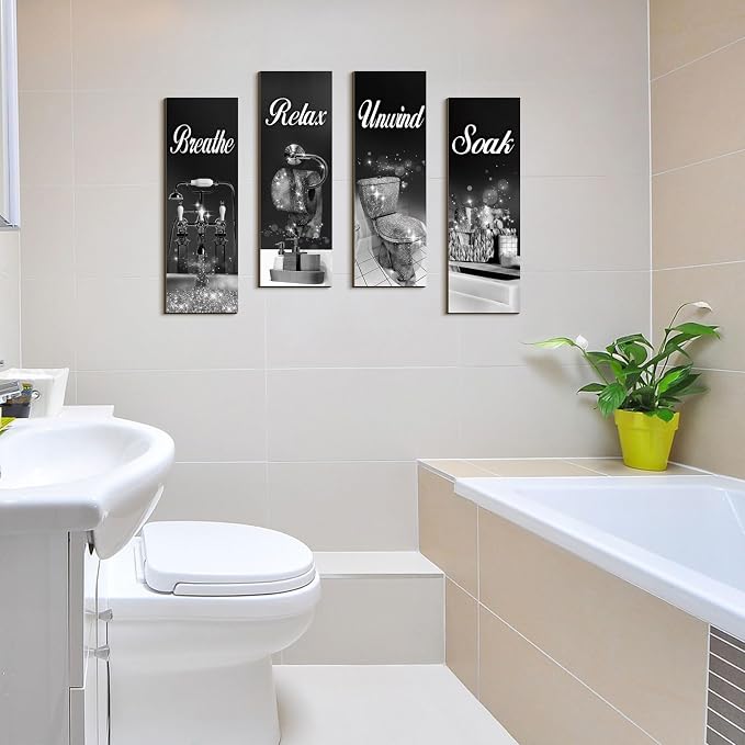 Honoson 4 Pcs Bathroom Decor Wall Art Farmhouse Bathroom Pictures Wall Decor Soak Unwind Relax Breathe Wood Hanging Sign for Home Spa Laundry(Classic,Black Glitter,15.7 x 5.9 Inch)