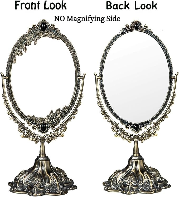 Feyarl Small Metal Vintage Makeup Mirror Floral Tabletop Oval Vanity Swivel Double Sided Mirror with Stand Elegant Decorative for Dressing Room Bedroom (Bronze)