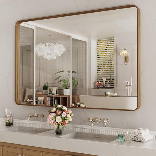LOAAO 55X30 Inch Bathroom Mirror with Wood Grain Colored Metal Frame | Rounded Rectangle Metal Framed, Anti-Rust, Hangs Horizontally or Vertically, Tempered Glass