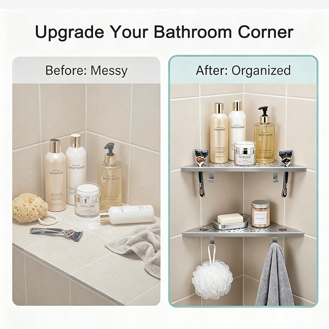 HIDROP Brushed Nickel 10" Corner Shower Shelves with Hooks and Holes,2 Pack | 4 Hooks & 4 Razor Holes, 304 Stainless Steel Bathroom Corner Shelf, Fast Drainage, Embed into Tile Gap, Modern Bathroom Shelf