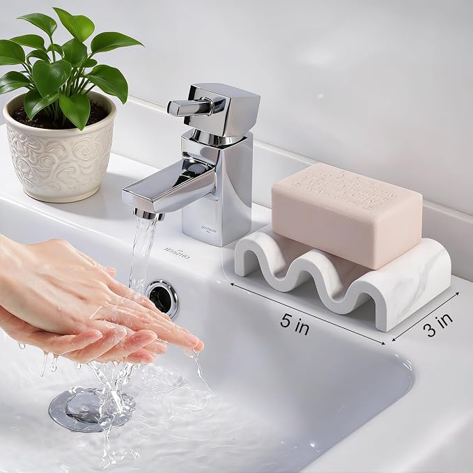 Diatomite Soap Dish Bar Soap Holder Wave Texture Sponge Tray, Marble White | Quick Drying, Self Draining Design Helps Keep Bar Soap Dry for Bathroom Sink, Shower & Kitchen