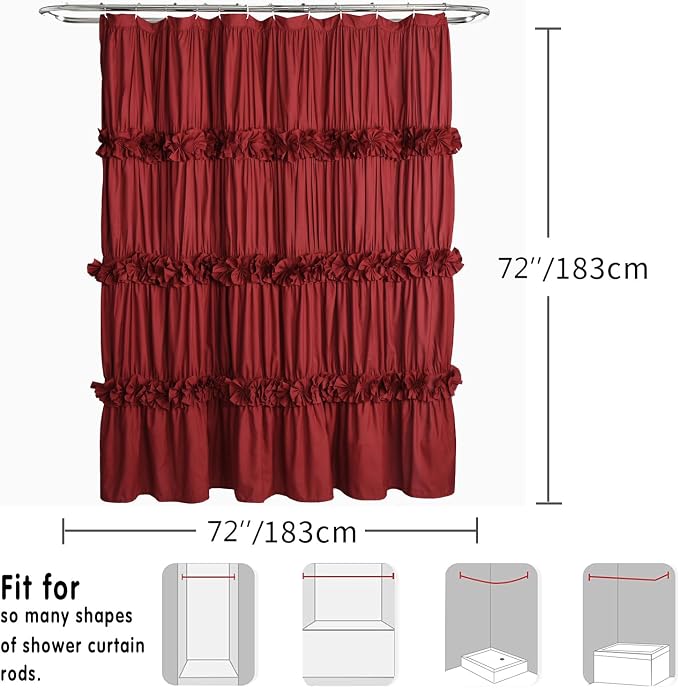 Burgundy Ruffle Shower Curtain, Vintage Handcrafted Bow Tie Bath Curtain for Master Bathroom, Ruched Microfiber Bathroom Curtain with 12 Buttonholes, 72" W x 72" H (LQ-10)
