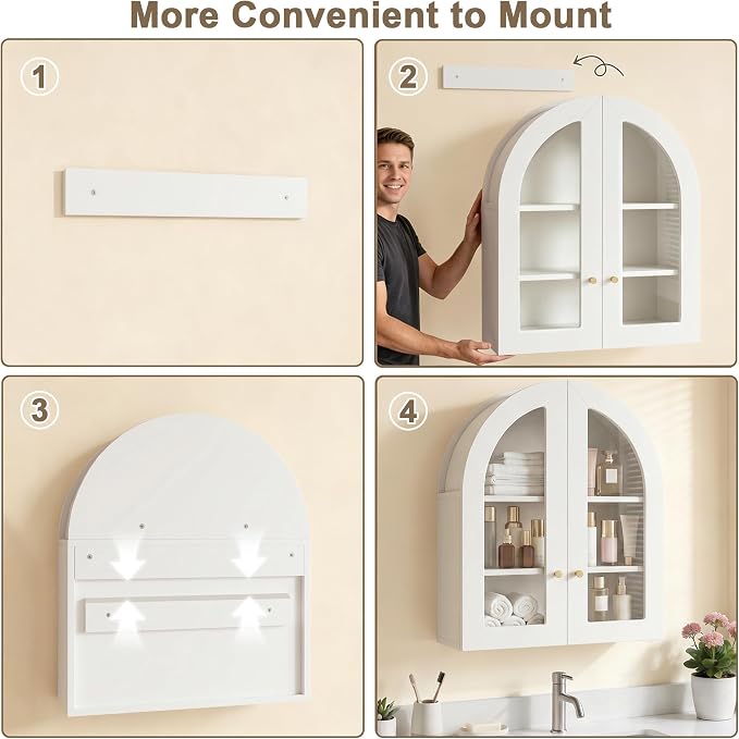 Arched Wall Cabinet, Bathroom Cabinet Wall Mount with Glass Doors & Adjustable Shelf, Floating Medicine Cabinet for Bathroom, Kitchen, Living Room Storage, White