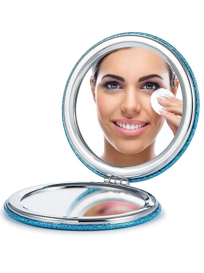 OMIRO 1X/10X Compact Magnifying Mirror for Travel, 2.8 in | Travel Mirror with Magnification, Mini Mirror for Purse, Dual-Sided Flip, PU Leather, Round (Blue)