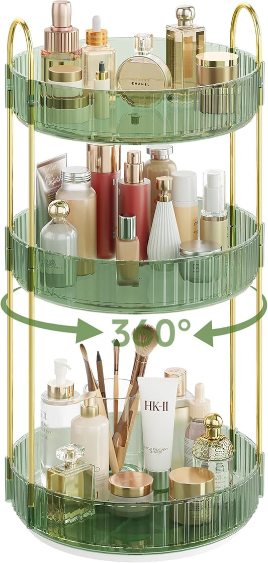 Rotating Makeup Organizer Countertop, 3 Tier, Green | Skincare Organizers, Spinning Perfume Tray Stand, Makeup Storage Organizer for Vanity, Bathroom Organizer, Lazy Susan