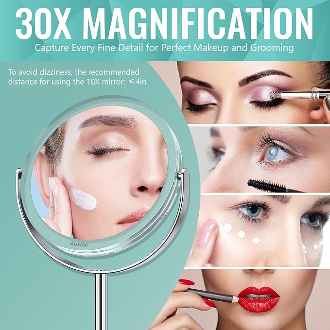 Auxmir 1X/30X Double-Sided Makeup Mirror, 6.7" Magnifying Mirror | 360°rotation, tweezers, vanity desk table stand travel, stainless steel and ABS construction, 30X magnification