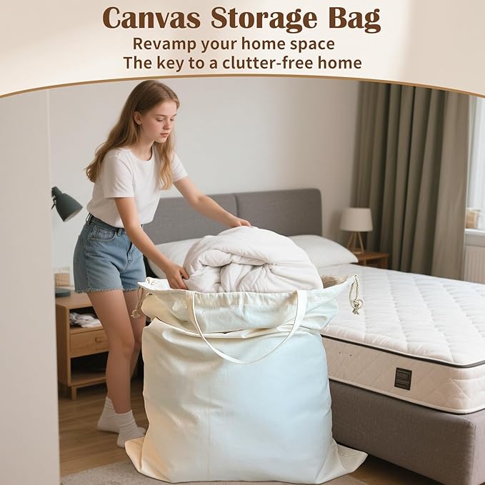 Canvas Laundry Bag Extra Large Heavy Duty Storage Bag 40"W x 35"H,XXL Beige | Thick Canvas Fabric, with Handles & Drawstring Closure, Washable Clothes Sack, 1 Pack