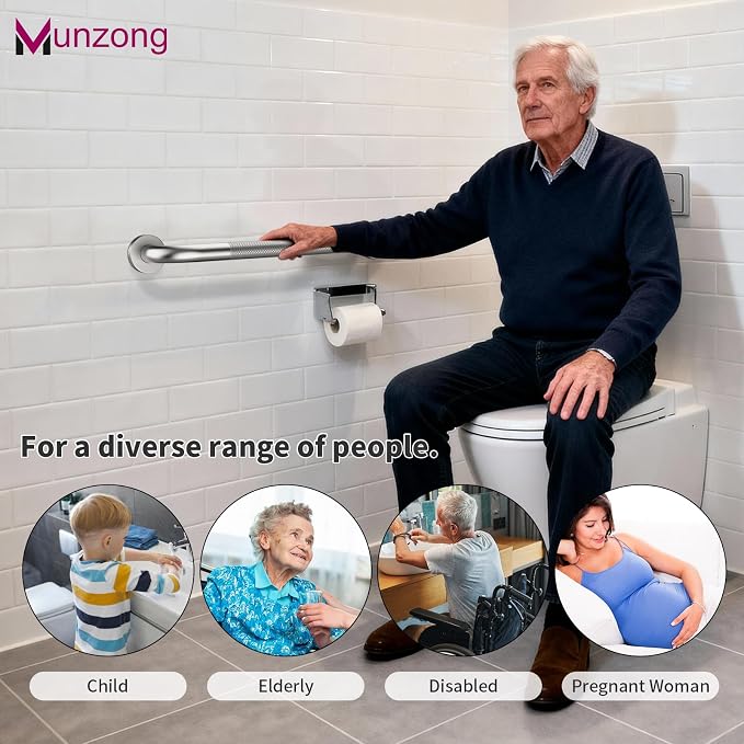 16 Inch Anti Slip Shower Grab Bar,Munzong Stainless Steel Handicap Grab Bar | Brushed Nickel Knurled Balance Bars for Bathtubs and Showers Safety Hand Rail Support Elderly Senior Bath Handle