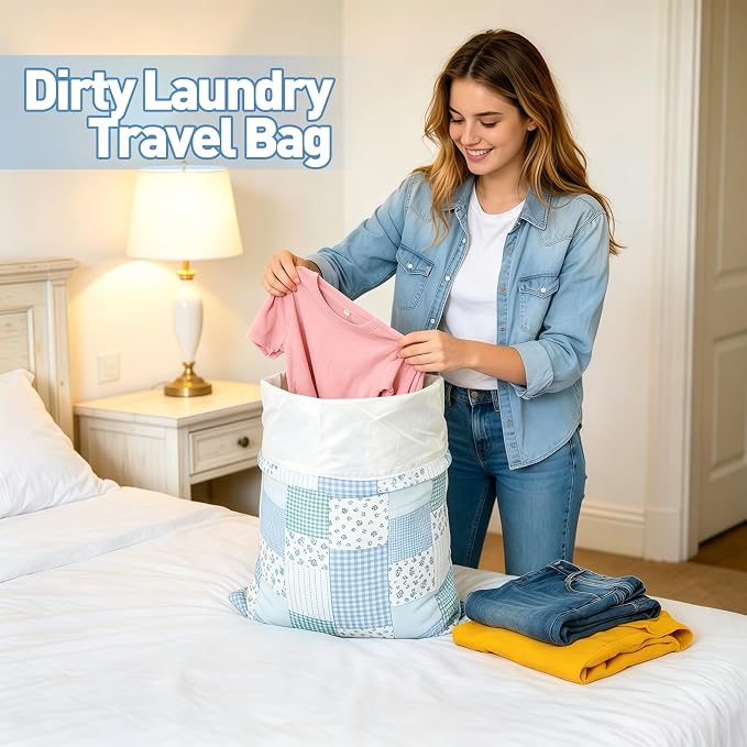 Laundry Bag Backpack for Dorm & Travel, 29 x 18" Large Dirty Bag | Cute Blue Floral College Clothes Pouch with Straps and Handles. Ideal for Apartment, Camp and Portable Bag for Laundromat