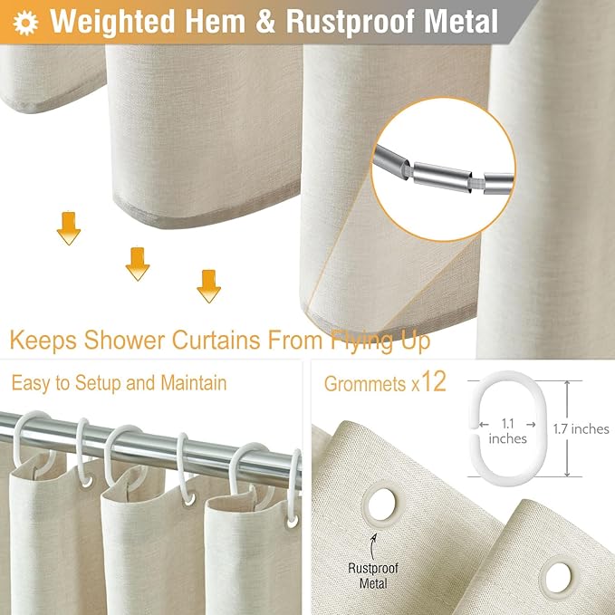 Linen Textured Waterproof Fabric Shower Curtain, 72x90, Light Cream | Heavy Duty Polyester Cloth, 12 Plastic Hooks, Quick-dry, Elegant Drape, Modern Hotel Style, Bathroom Decor, Machine Washable
