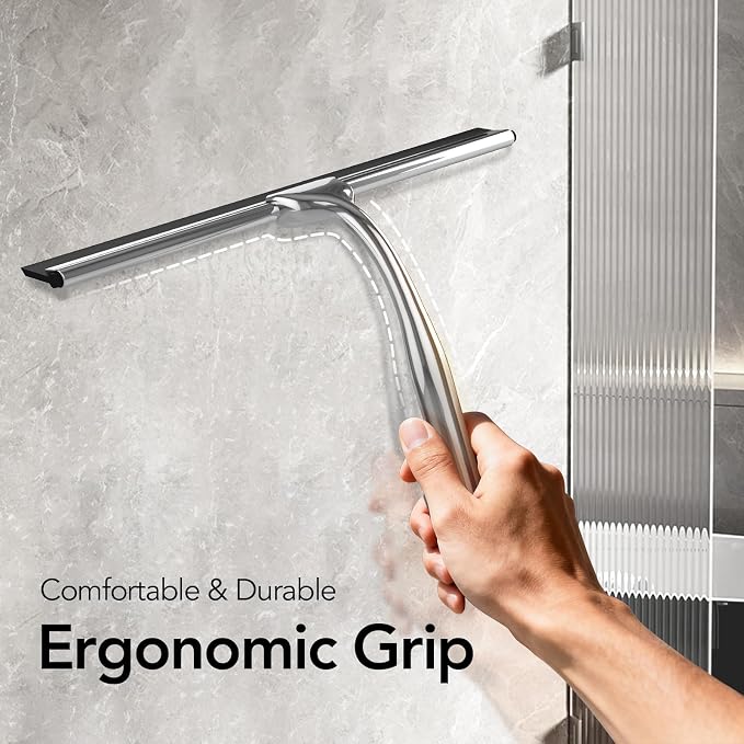 Shower Squeegee for Shower Glass Door with Adhesive Hook | Stainless Steel Squeegee for Shower Glass, Window Squeegee for Cleaning Tile Wall, Mirror, Car(10", Silver)