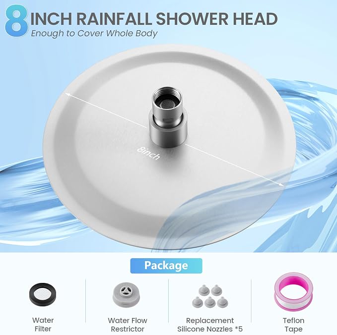 Brushed Nickel Round Rainfall Shower Head, All Metal Stainless Steel Rain Shower Heads with 90 Anti-Clog Silicone Nozzles, Wall or Ceiling Mount, 8 inch